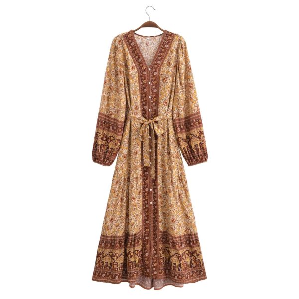 Women's V Neck High Waist Rayon Printing Loose Fitting Long Sleeve Maxi Dress