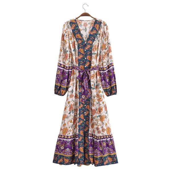 Women's Summer Clothing Rayon Positioning Floral Belt Maxi Dress