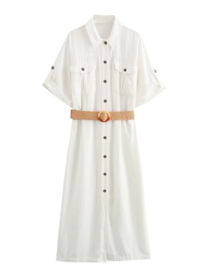 Women's  Breasted Waistband Linen Dress