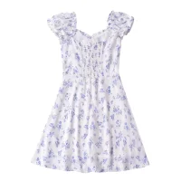 Women's Floral Printed Square Collar Lace up Bow Flying Sleeve A line Dress