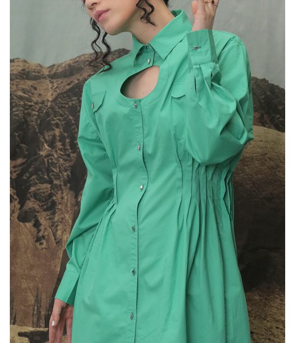 Women's Hollow Out Cutout Pleated Waist Tight Cotton Shirt Dress