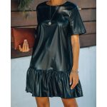 Women's Office Ruffled Loose Slimming Patent Leather Faux Leather Short Sleeve Dress