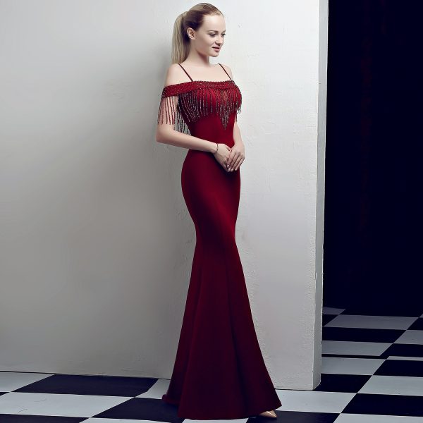 Women's  Fashionable Fishtail Slim Fit Long Cocktail Elegant Red Evening Dress Women