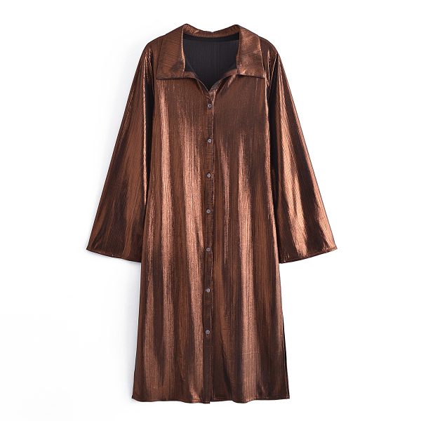 Women's Clothing Retro Loose Slimming All-Matching Shirt Pleated Straight Dress Long