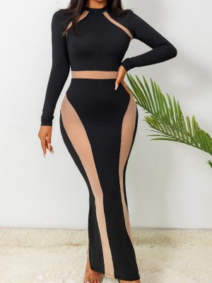 Women's Sexy Long Sheath Dress Long Sleeve Black Lace Grenadine Dress