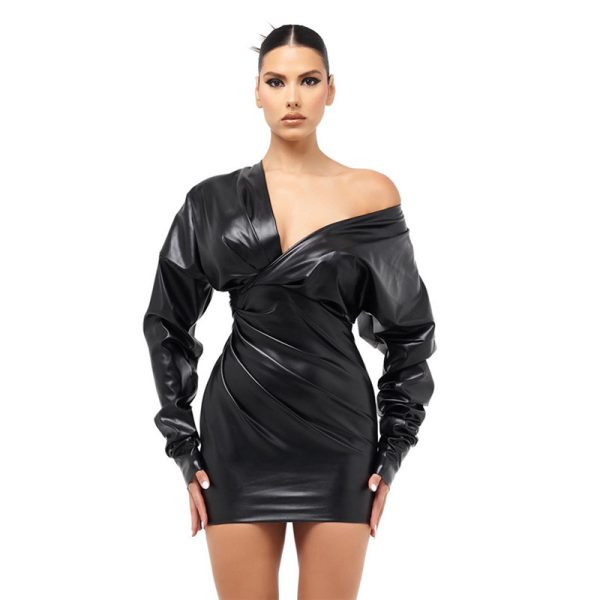 Women's Elegant Faux Leather Deep V Plunge Plunge neck Sexy Slim Hip Dress