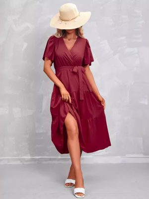 Women's Clothing Summer Solid Color V Neck Short Sleeve Dress