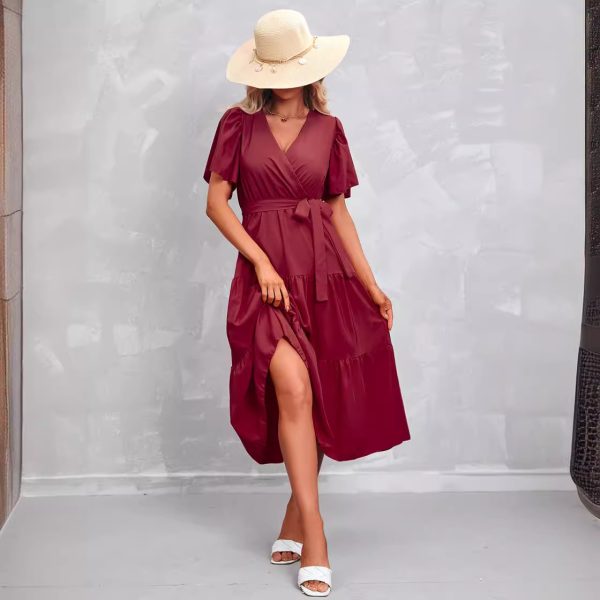 Women's Clothing Summer Solid Color V Neck Short Sleeve Dress