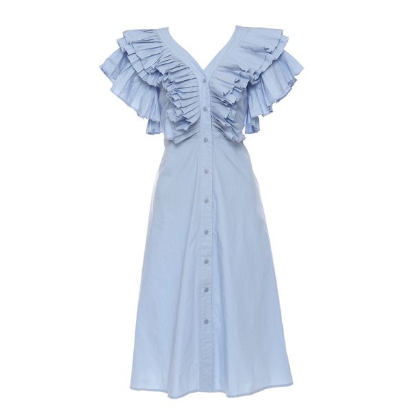 Women's   Pleated V Neck Long Tie Shirt Dress Women