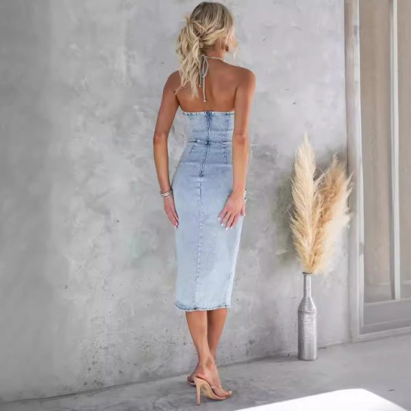 Women's Halter Distressed Sexy Denim Dress