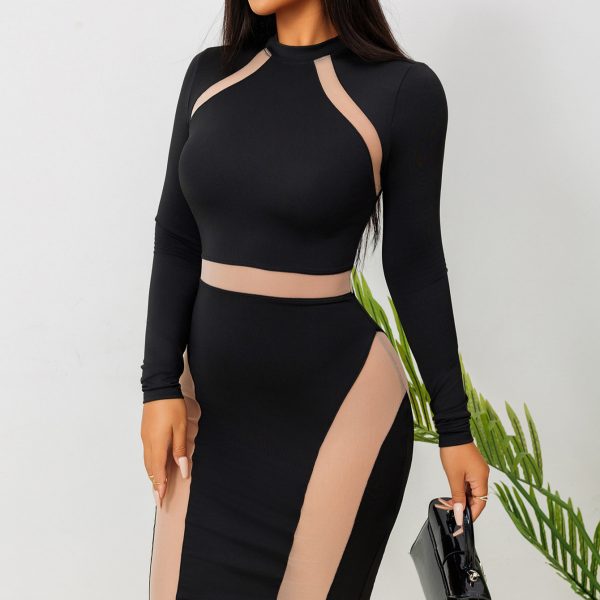 Women's Sexy Long Sheath Dress Long Sleeve Black Lace Grenadine Dress