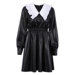 Women's Autumn Winter Faux Leather Dress Doll Collar Fitted Waist