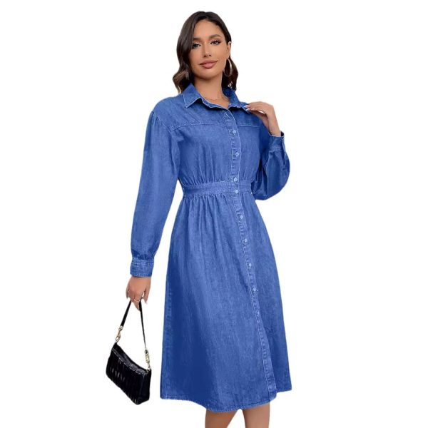 Women's Dress Front Single Breasted V Neck Tight Waist Slimming Denim Dress Women