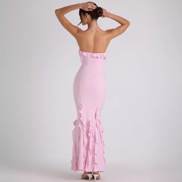 Women's Halter Backless Sheath Ruffled Pleated Drape Evening Dress Maxi Dress