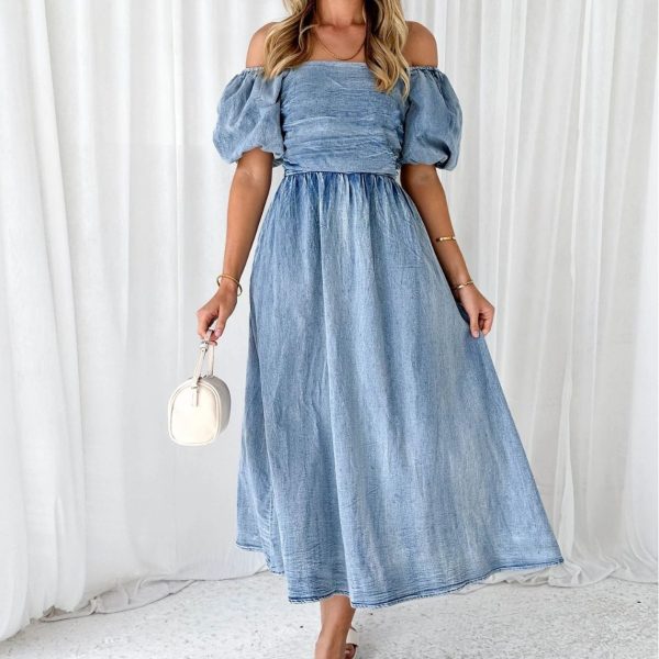 Women's  Elegant Bubble Sleeve Tight Waist Denim Maxi Dress