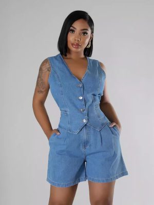 Women's  Casual Sleeveless High Waist Women Denim Shorts Sets