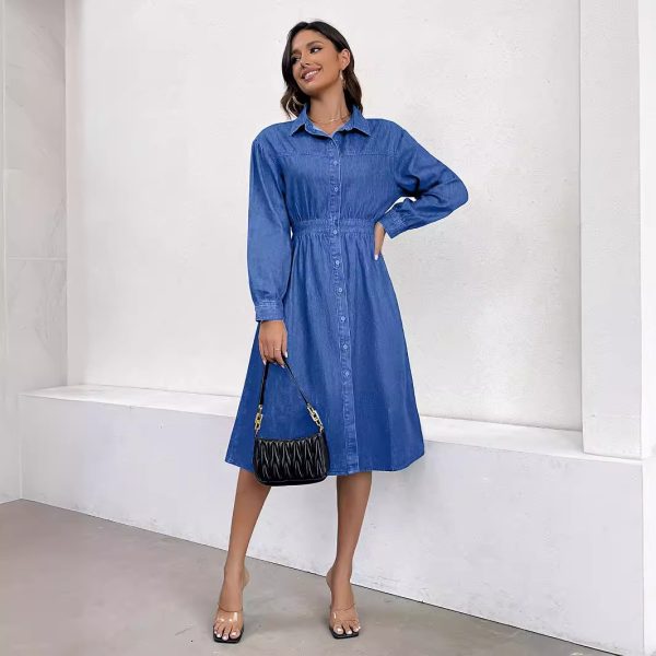 Women's Dress Front Single Breasted V Neck Tight Waist Slimming Denim Dress Women