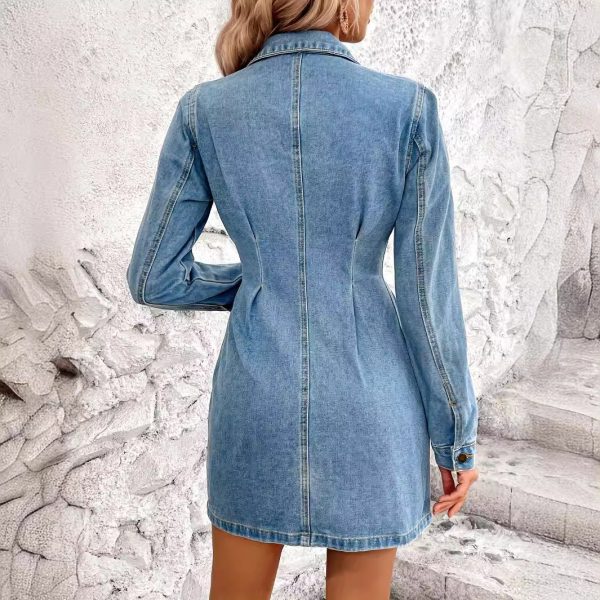 Women's Retro Waist Controlled Slimming Long Sleeve Denim Dress