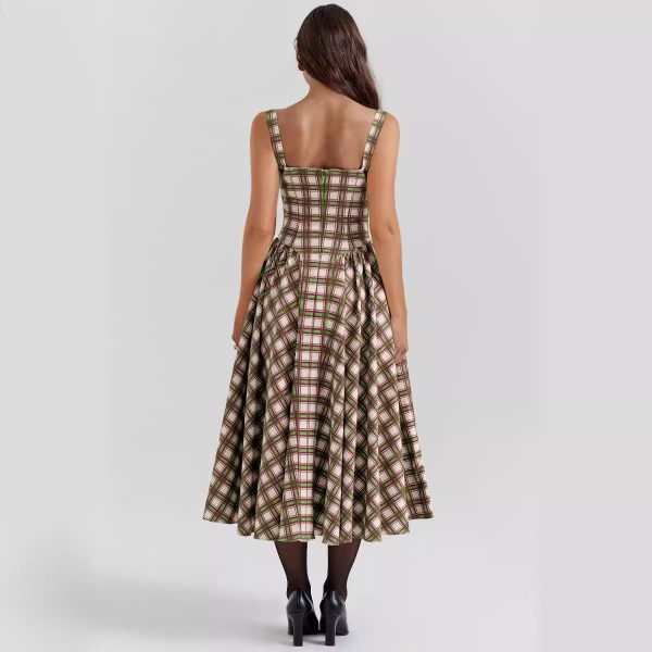 Women's  Neck Plaid Sling Slim Waist Retro Big Swing Dress Women