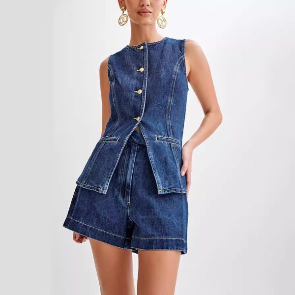 Women's Casual Sleeveless High Waist Women Denim Shorts Sets