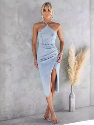 Women's Halter Distressed Sexy Denim Dress