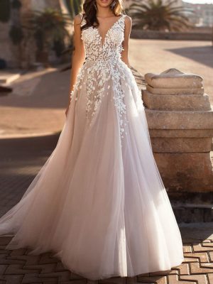 Women's Plunge Neck Wedding Embroidered Dress