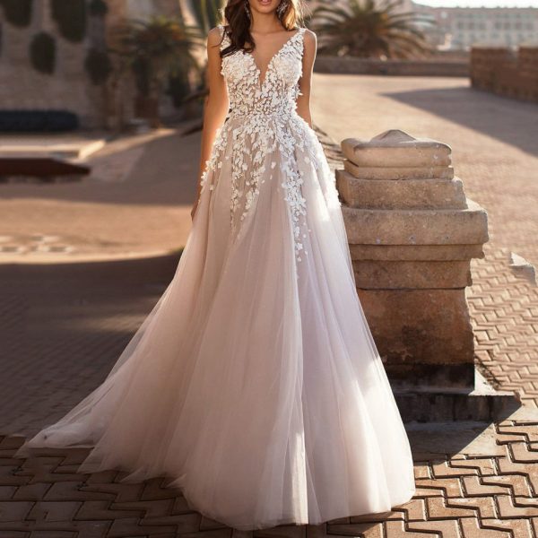 Women's Plunge Neck Wedding Embroidered Dress