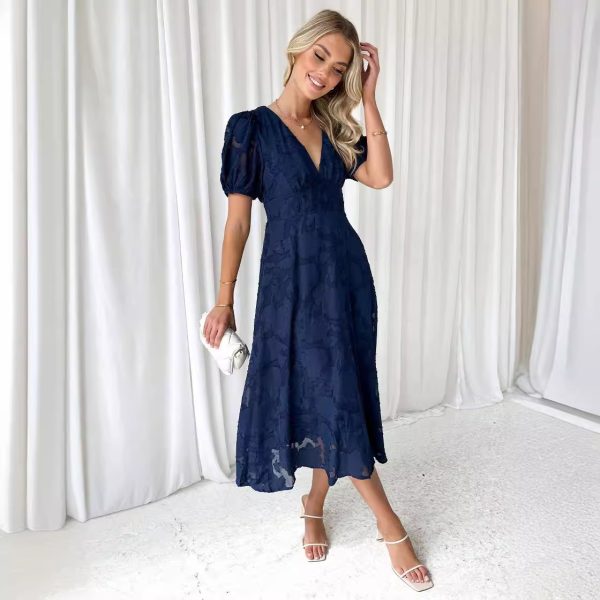 Women's Sleeve Lace Solid Color Midi Dress Women