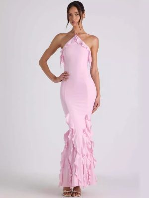 Women's Halter Backless Sheath Ruffled Pleated Drape Evening Dress Maxi Dress