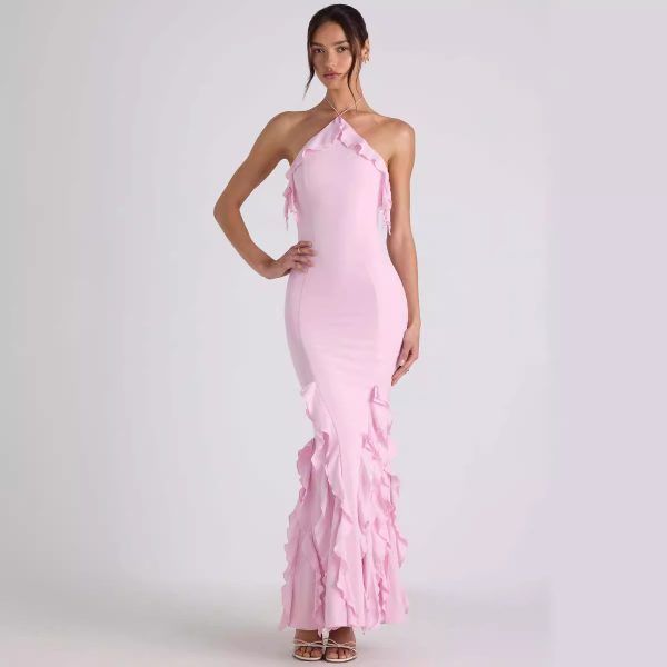 Women's Halter Backless Sheath Ruffled Pleated Drape Evening Dress Maxi Dress