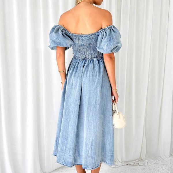 Women's  Elegant Bubble Sleeve Tight Waist Denim Maxi Dress