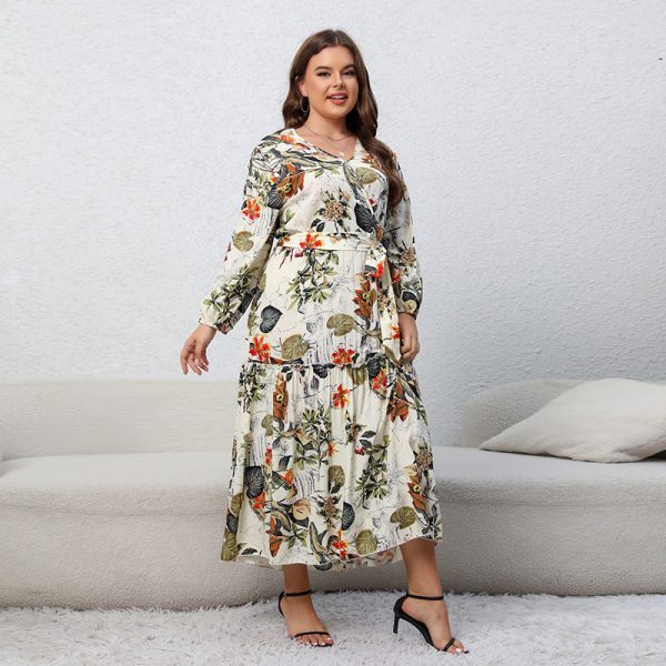 Women's Printed V neck Long Sleeve Floral Dress