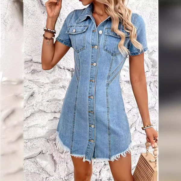 Women's Retro Cinched Slimming Short Sleeves Denim Non Elastic Dress