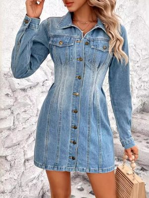 Women's Retro Waist Controlled Slimming Long Sleeve Denim Dress