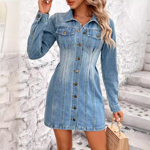 Women's Retro Waist Controlled Slimming Long Sleeve Denim Dress