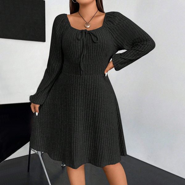 Women's  Winter Women Clothing Square Collar Long Sleeve Waist Mini Fleece Sunken Stripe Dress