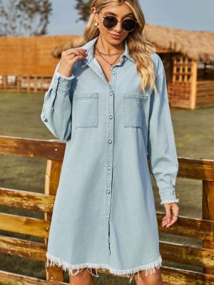 Women's Retro Washed Denim Loose Casual Long Sleeves Frayed Dress