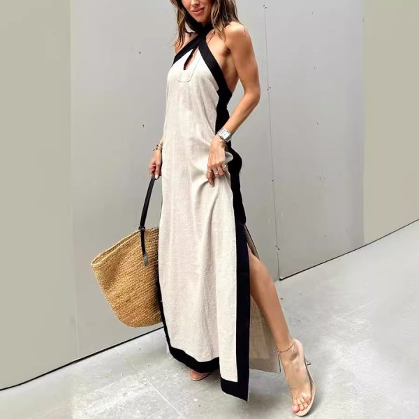 Women's  Cotton Linen Backless Halter Split Dress Women