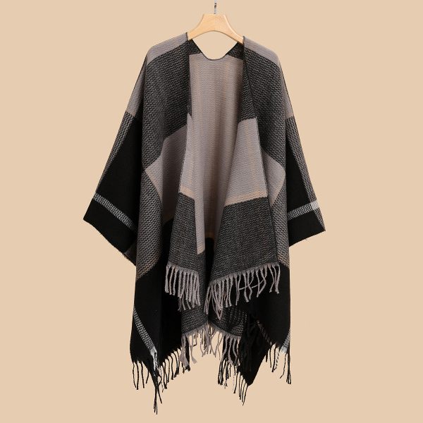 Women's  Shawl Plaid Double Sided Cape Cloak Fleece Lined Thick Split Towel