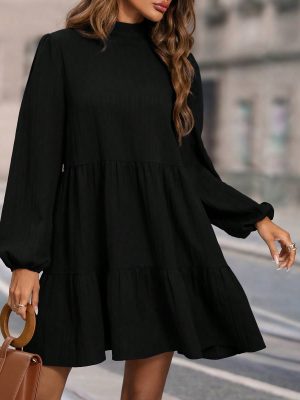 Women's    Clothing Spring Autumn Solid Color Loose Round Neck Long Sleeved Dress