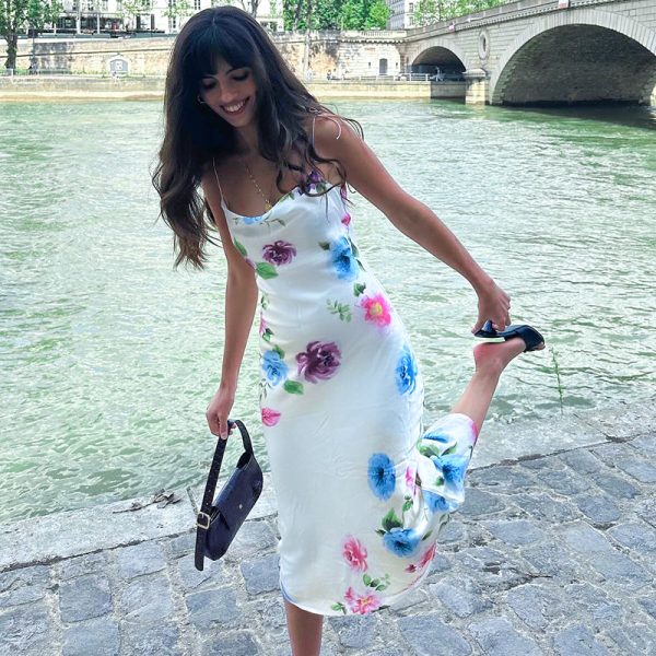 Women's Floral Print Suspender Summer Satin French Slim Strap Dress