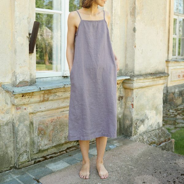 Women's    Sling Dress Summer Basic All Match Cotton Linen Split Slimming Mid Length Dress