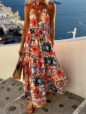 Women's Plus Size Summer  Halter Backless Print Holiday Dress