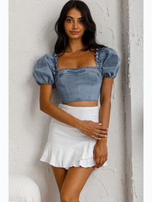 Women's Summer Puff Sleeve Tight Sexy Short Denim Shirt for Women