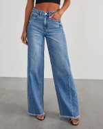 Women's Wide Leg Side Seam Stitching Frayed Hem Jeans Women