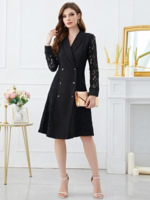 Women's  Lace Sleeve Double Breasted Dress