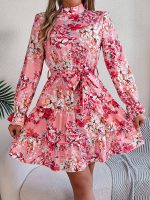 Women's Autumn Winter Elegant Stand Collar Floral Waist Controlled Long Sleeves Ruffled A line Dress Women Clothing