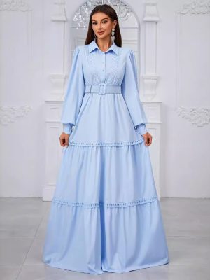 Women's  Collared Long Sleeve Embroidered Lace Sweet Dress