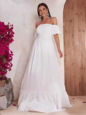 Women's Summer Off Shoulder White Maxi Short Sleeve Prom Evening Dress