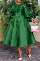 Women's Clothing Autumn Winter Solid Color Glossy Loose Button Lantern Sleeve Dress